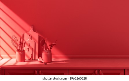 Stylized Kitchen Counter And Everyday Utensils On  The Counter In Warm Morning Sunlight.  Monochrome Red Color Concept, Solid And Flat Color Scene, 3d Rebdering