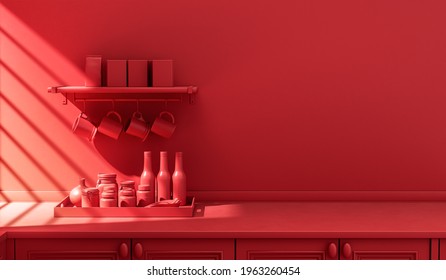 Stylized Kitchen Counter And Everyday Utensils On  The Counter In Warm Morning Sunlight.  Monochrome Red Color Concept, Solid And Flat Color Scene, 3d Rebdering