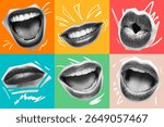 Stylized lips in grayscale enhanced with comic-like graphic lines and vibrant block backgrounds. Posters, book covers, and visual storytelling
