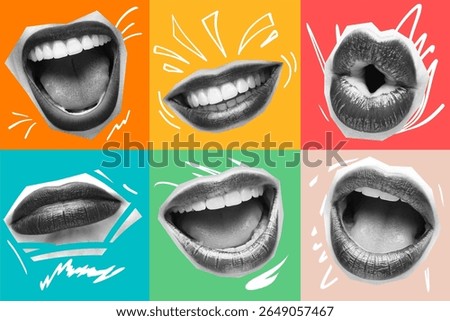 Stylized lips in grayscale enhanced with comic-like graphic lines and vibrant block backgrounds. Posters, book covers, and visual storytelling