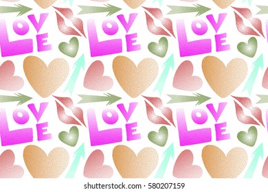 Stylized love elements on a white for print wrapping paper. Raster arrow, hearts, kissing lips, love text seamless pattern background in pink, orange and magenta colors.