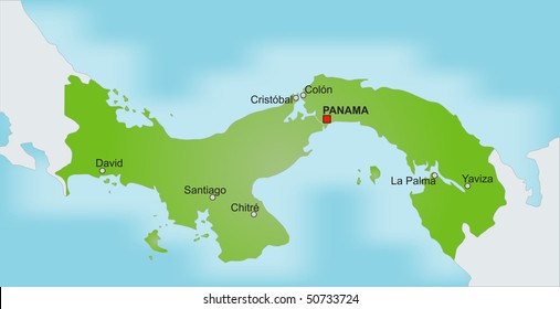 A Stylized Map Of Panama Showing The Panama Channel, Different Cities And Nearby Countries.