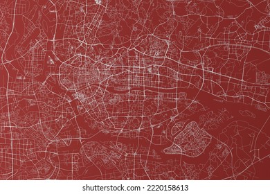 Stylized Map Of The Streets Of Guangzhou (China) Made With White Lines On Red Background. Top Flat View. 3d Render, Illustration