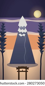 A stylized mountain peak with snow-capped summit rises against a twilight sky illuminated by a glowing full moon, flanked by two silhouetted pine trees and grounded by a traditional torii gate.