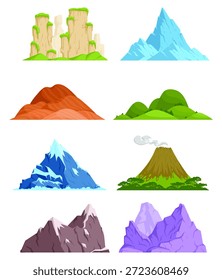 Stylized mountain terrain vector set featuring icy peaks, desert dunes, green hills, sandstone pillars, volcano, rocky mountains, and fantasy cliffs. Flat cartoon landscape elements isolated on white background.