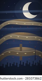 Stylized nighttime cityscape featuring a silhouetted skyline beneath undulating illuminated overpasses and a large crescent moon set against a starry dark blue sky.