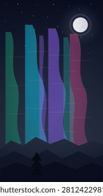 A stylized nocturnal landscape features undulating vertical bands of teal, blue, purple, and magenta resembling the aurora borealis rising above a silhouetted mountain range and a lone pine tree under a starry sky with a full moon.
