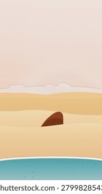 Stylized ocean predator backdrop with 1 visible shark fin, white wake lines, and sand beach edge