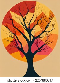 Stylized Ornamental Autumn Tree Flat Illustration. Autumn Tree With A Round Ornamental Crown In Red Colors. Digital Illustration.