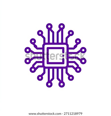 A stylized, outlined, purple graphic of a microprocessor chip.  Radiating lines extend outward from a central square chip