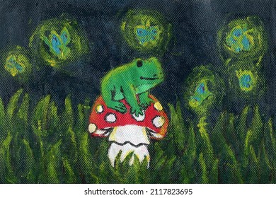 Stylized pattern the fabric  Fairy tale character  The frog sits mushroom   looks at the moths 