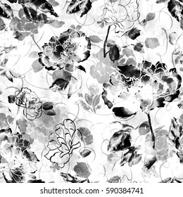 Stylized peony. Seamless floral pattern. Chinese ink hand drawn illustration. Monochrome ornamental elements on white background.Greyscale abstract flowers, leaves, flourishes.Contours, textured fills