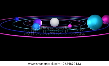 Stylized planetary orbit system in 3D rendering with large blue and pink spheres on black background for science visuals or tech themes. Transparent jpg