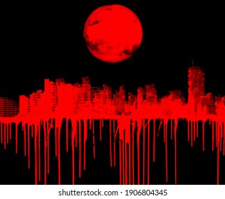 Stylized Post Apocalyptic City Ruins With Blood Trickles And Blood Red Moon