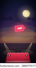 A stylized red car drives down a dark, foggy road under a glowing full moon, following a floating neon pink arrow sign that points the way through the mysterious night landscape.