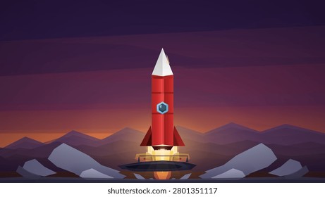 A stylized red and white rocket ship with a glowing porthole launches from a futuristic pad against a dramatic purple and orange twilight sky over jagged mountains.