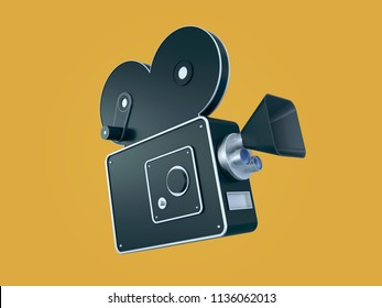Stylized Retro Movie Camera Isolated On Yellow Background. 3D Rendering