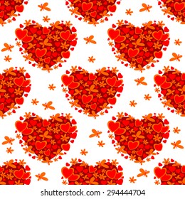 Stylized seamless pattern with hearts on a white background.