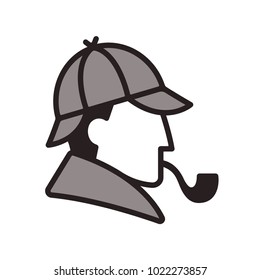 Stylized Sherlock Holmes Profile Logo. Classic Detective With Hat And Smoking Pipe. Simple And Minimal Portrait Icon.