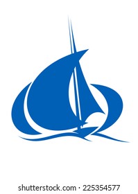 Stylized Silhouette Of Blue Yacht Sailing The Ocean Waves With Billowing Sails On White