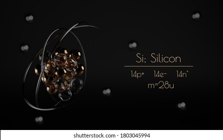 A stylized Silicon atom visualization, with the number of protons, neutrons, electrons and its name written next to it. A 3d render.