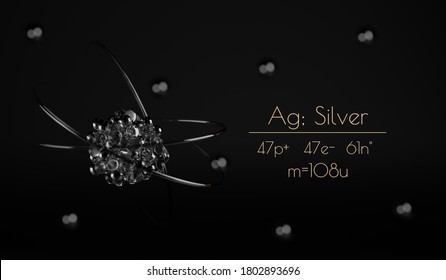A stylized Silver atom visualization, with the number of protons, neutrons, electrons and its name written next to it. A 3d render.