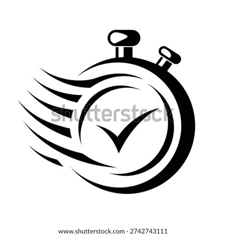 Stylized stopwatch with a checkmark and motion lines on a white background stock fast