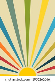 Stylized sun illustration. Retro style poster design. Colorful sun illustration. Colourful light rays. Digital wall art.