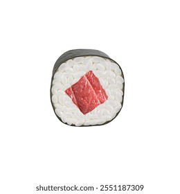 A stylized sushi roll featuring a central piece of raw meat surrounded by rice and seaweed. - Powered by Shutterstock