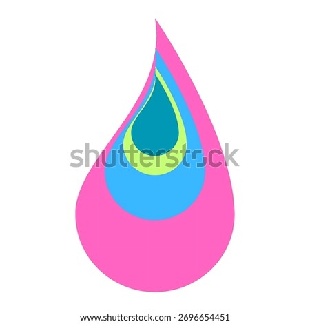 A stylized teardrop shape featuring concentric rings of bright pink, blue, green, and yellow.