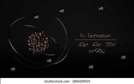 A stylized Technetium atom visualization, with the number of protons, neutrons, electrons and its name written next to it. A 3d render.