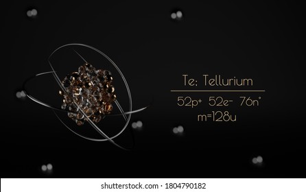 A stylized Tellurium atom visualization, with the number of protons, neutrons, electrons and its name written next to it. A 3d render.