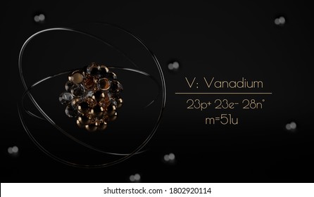 A stylized Vanadium atom visualization, with the number of protons, neutrons, electrons and its name written next to it. A 3d render.
