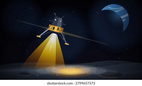 A stylized vector illustration captures the quiet drama of space exploration as a lunar module descends toward a dark moonlit surface with its landing thruster illuminated against a starry sky