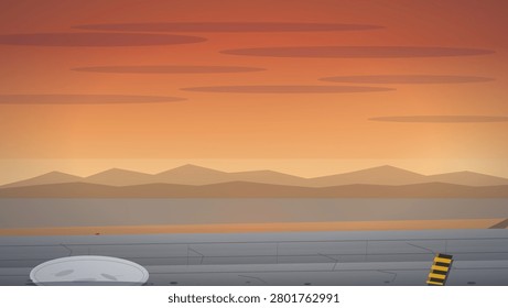 A stylized vector illustration of a desolate desert highway stretching toward distant mountains beneath a dramatic gradient sunset sky with elongated clouds.