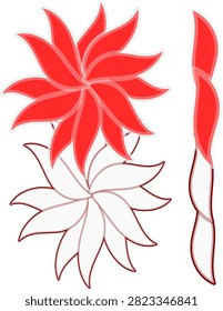 A stylized vector illustration featuring a red floral pattern paired with an uncolored line-art version beneath it, along with a vertical red and white twisting ribbon on the side.
