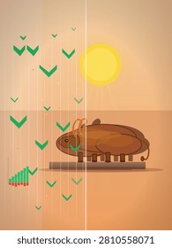 Stylized vector illustration of a roasted pig on a spit bathed in warm sunlight, overlaid with descending green chevrons and a small ascending bar chart against a gradient orange backdrop.