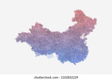 Stylized Watercolor Map Of Mainland China With Splotches Isolated On A Pure White Background. A Gradient Of Blush Pink And Dusty Blue Colors.