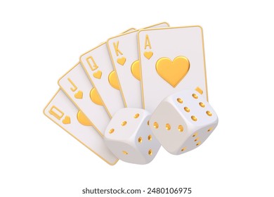 Stylized white and gold royal flush cards and dice, symbolizing luxury and winning in gambling and casino games. 3D render illustration - Powered by Shutterstock