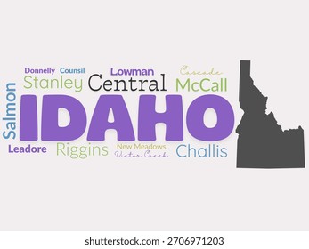Stylized word cloud map of Central Idaho towns and cities with a prominent purple IDAHO label and dark state silhouette; great for educational resources and travel marketing.