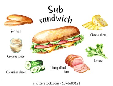 Sub Sandwich With Ham, Cheese And Vegetables Ingredients Set. Watercolor Hand Drawn Illustration, Isolated On White Background