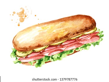 Sub Sandwich With Ham And Vegetables. Watercolor Hand Drawn Illustration, Isolated On White Background