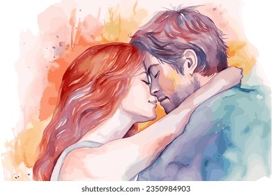 The subject described A young couple kissing in watercolor pai - Powered by Shutterstock