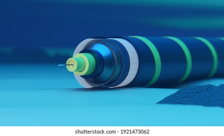 Submarine cable, power cable high voltage in the seabed. 3d render.