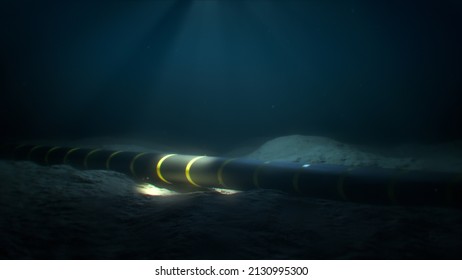 Submarine internet communication cable on the seabed in the ocean (3d illustration)
