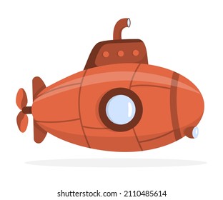 Submarine Sea Concept. Orange Submarine With Periscope. Isolated Submarine On White Background. Cute Illustration.