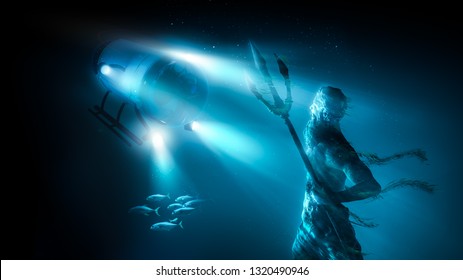 Submarine Searching For The Lost City Of Atlantis. 3D Illustration / Render