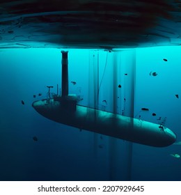 Submarine Ship Approaching Underwater Damaged Pipeline Leaking In The Deep Dark Ocean Like The Nord Stream Illustration