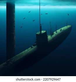 Submarine Ship Approaching Underwater Damaged Pipeline Leaking In The Deep Dark Ocean Like The Nord Stream Illustration