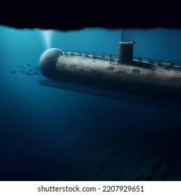 Submarine Ship Approaching Underwater Damaged Pipeline Leaking In The Deep Dark Ocean Like The Nord Stream Illustration